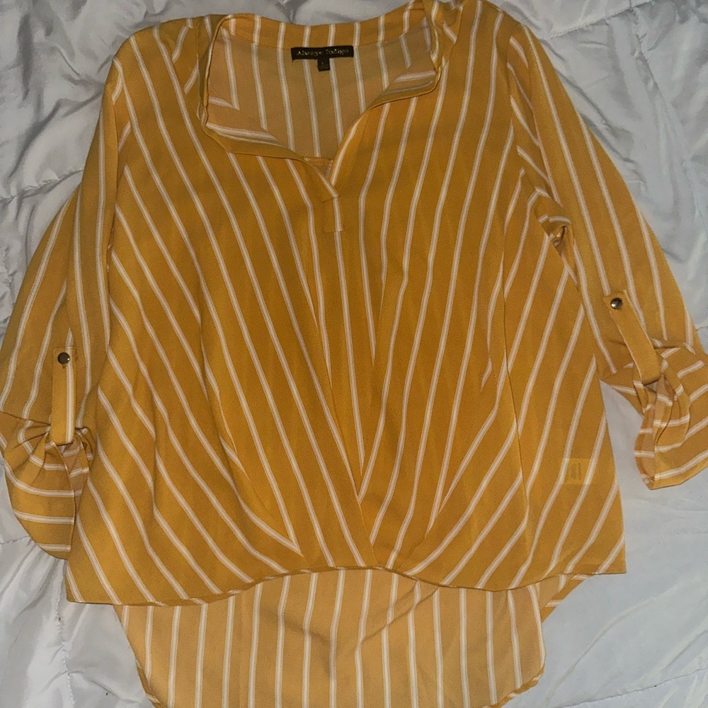 Always Indigo women’s yellow white stripe high low blouse top size L